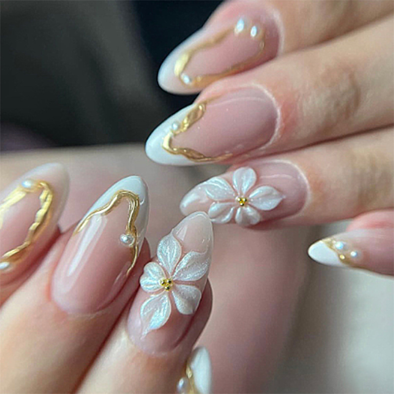Nail Art Aesthetic - 24pcs Flower Long Almond Press on