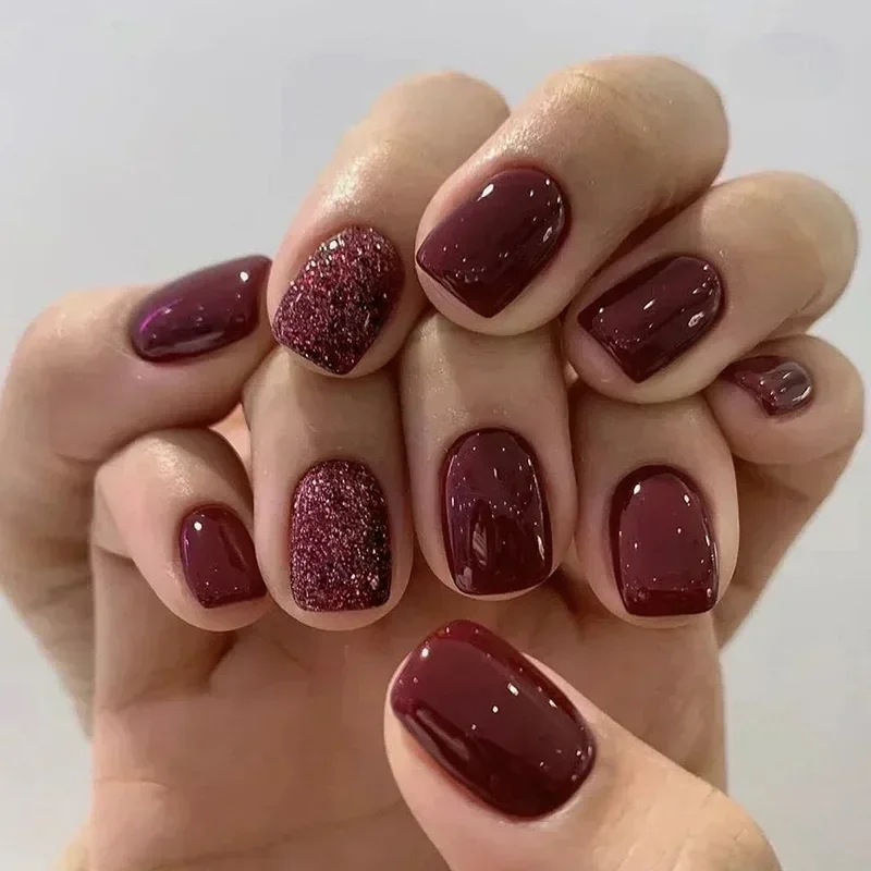 Nail Art Red Wine - 24Pcs/set Short Solid Color Wine Red