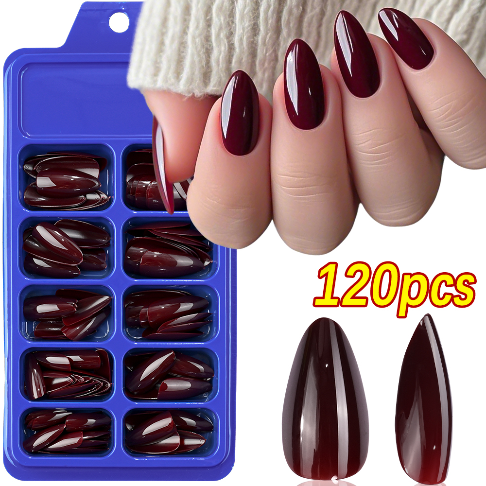 Nail Art Red Wine - 120Pcs Wine Red Short Almond False